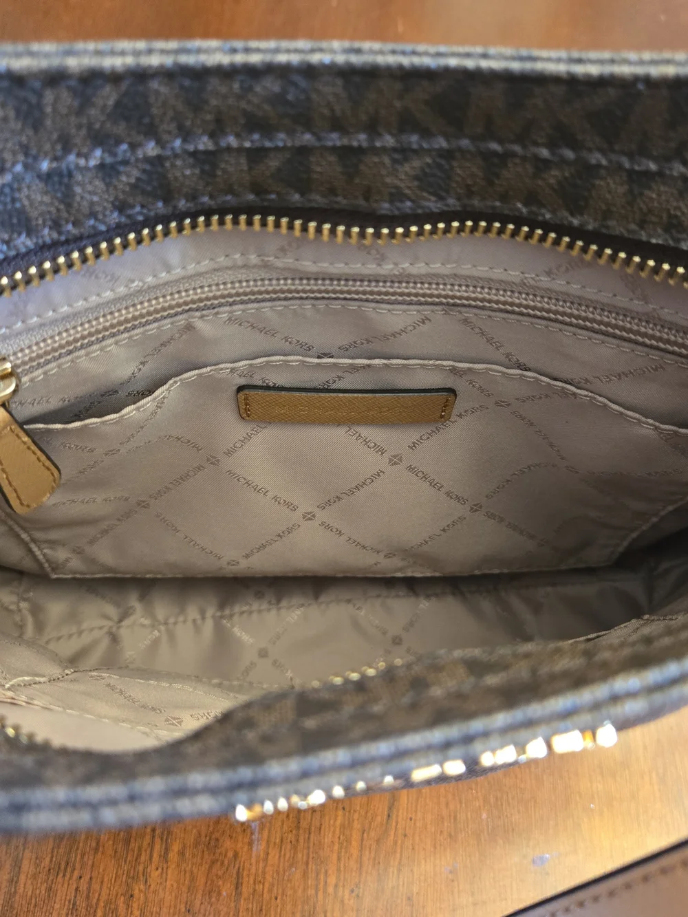 Michael Kors Brown Monogram Crossbody with Gold Hardware
